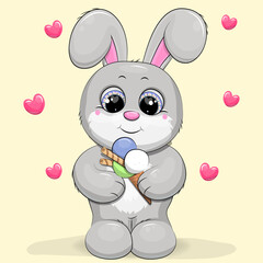Obraz na płótnie Canvas Cute cartoon rabbit with ice cream. Vector illustration of animal on background with hearts.