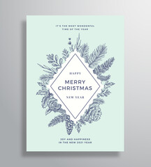 Merry Christmas Abstract Vector Frame Greeting Card, Poster or Holiday Background. Sketch Fir-needles with Strobile, Holly, Mistletoe Branches and Flowers. Gentle Holiday Frame and Typography.