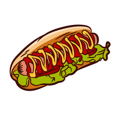 illustration in ink hand drawn style. Hot dog with ketchup and mustard.Isolated on white background, there is a place for printing. 