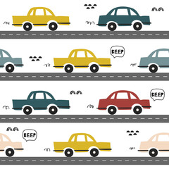 Seamless pattern with cars, roads, hand drawn overlapping backdrop. Colorful background vector. Illustration with automobiles. Decorative wallpaper, good for printing