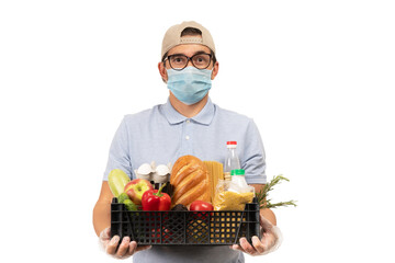 Food delivery guy with product basket on white background. Online food order