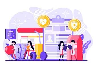 Tiny people illustration, offering information about contemporary medical service to get drug prescription. Vector illustration