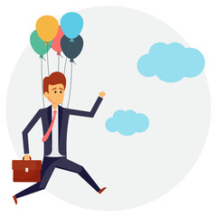 
Businessman holding colorful bunch of balloons with dollars sign and flying in air, concept of business investment 
