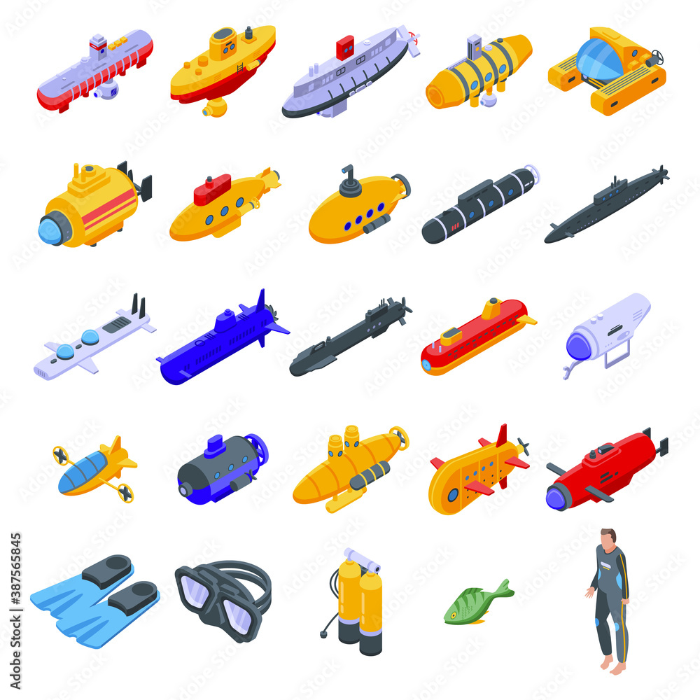 Poster bathyscaphe icons set. isometric set of bathyscaphe vector icons for web design isolated on white ba