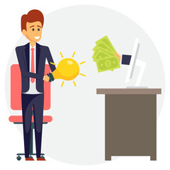 
One hand holding light bulb and other hand offers money, conceptual icon design of sell an idea
