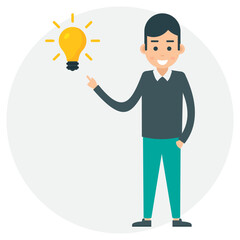
Human avatar of office character standing straight with lightbulb showing gesture of being innovative by generating brand new ideas 
