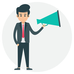 
Cartoon character of a businessman holding horn speaker making important business announcement 
