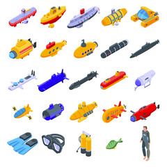 Bathyscaphe icons set. Isometric set of bathyscaphe vector icons for web design isolated on white background