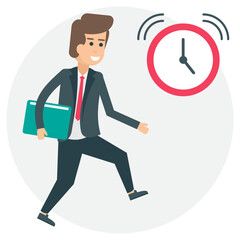 
businessman avatar running after clock, he is in a big hurry or getting late from office or job
