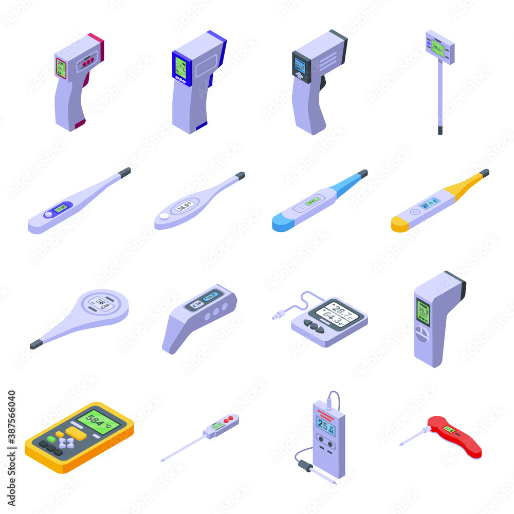 Poster digital thermometer icons set. isometric set of digital thermometer vector icons for web design isol