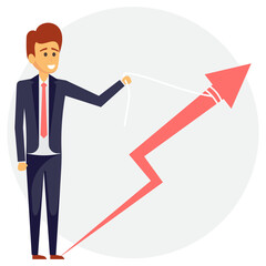 
An innovative businessman cartoon character holding growth indicating arrow in his hand showing business growth

