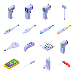 Digital thermometer icons set. Isometric set of digital thermometer vector icons for web design isolated on white background