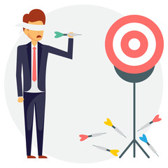 
An icon with human avatar of blindfold businessman holding archery and target chart conceptualizing business target
