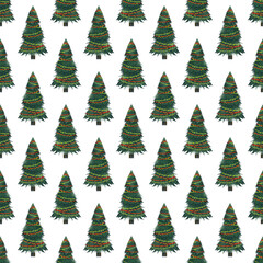 Christmas fir trees in a seamless pattern, modern hand draw design. Winter background. Can be used for printed new year materials - leaflets, posters, business cards or for web