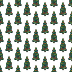 Christmas fir trees in a seamless pattern, modern hand draw design. Winter background. Can be used for printed new year materials - leaflets, posters, business cards or for web