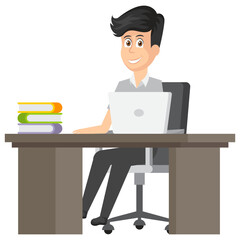 
An employer avatar on his working desk with laptop, files and documents seated on chair.
