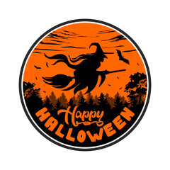 Halloween witch flying on broom. Halloween party poster with horror elements: full moon, witch, bats, dark forest. Illustration, vector