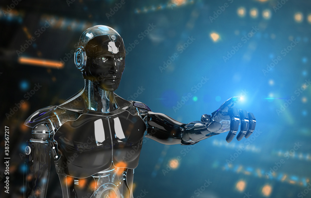 Poster black and blue intelligent robot cyborg pointing finger on dark 3d rendering