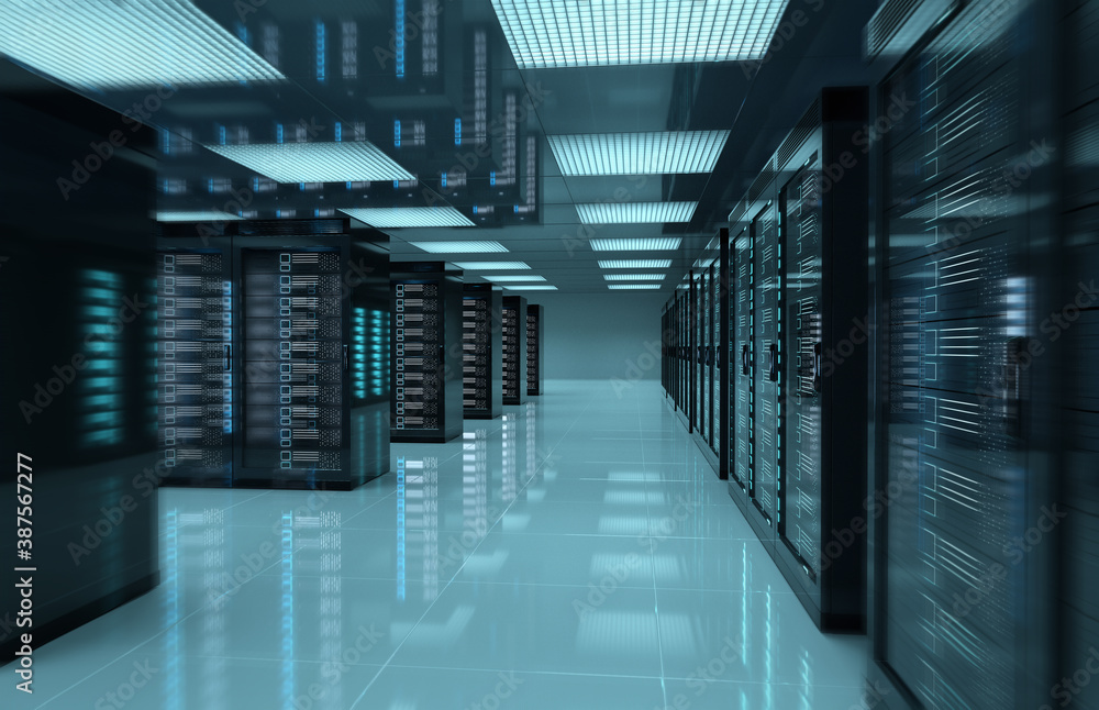 Poster dark servers center room with computers and storage systems 3d rendering