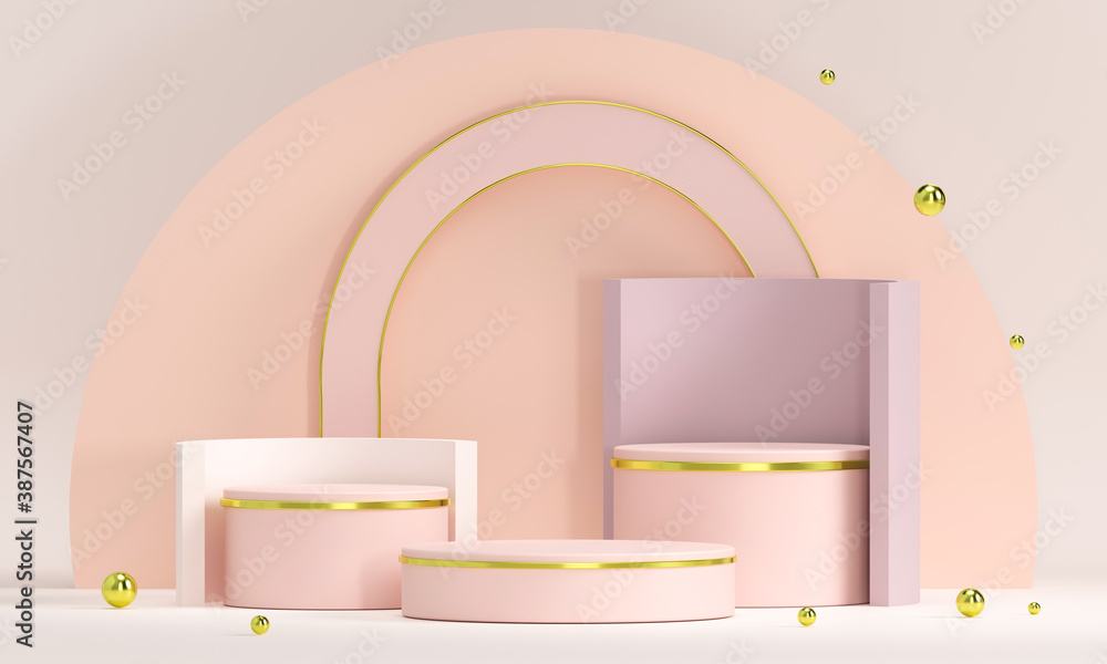 Poster 3d rendering white podium geometry with gold elements. empty showcase, marble pedestal platform disp