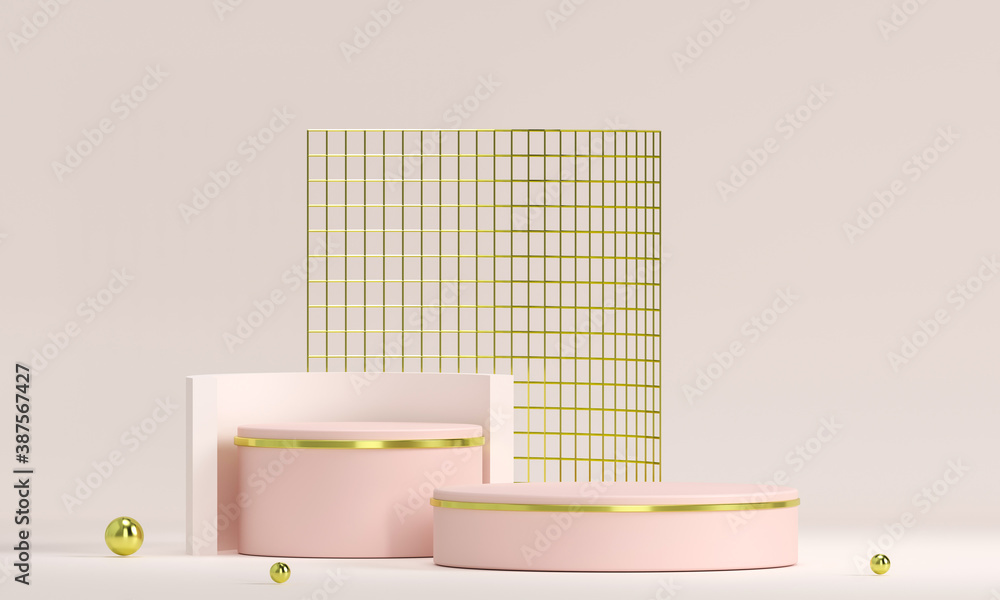 Poster 3d rendering white podium geometry with gold elements. empty showcase, marble pedestal platform disp
