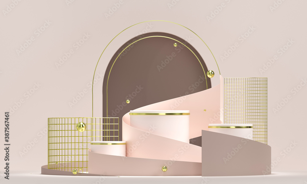 Aufkleber 3d rendering white podium geometry with gold elements. empty showcase, marble pedestal platform disp