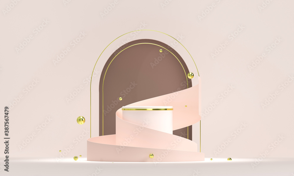 Poster 3d rendering white podium geometry with gold elements. empty showcase, marble pedestal platform disp