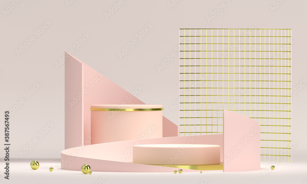 Poster 3d rendering white podium geometry with gold elements. empty showcase, marble pedestal platform disp