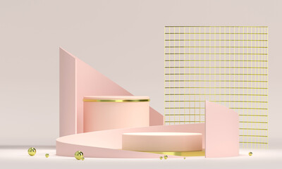 3D rendering white podium geometry with gold elements. Empty showcase, marble pedestal platform display. Product presentation blank podium. Minimal scene round step floor abstract composition.