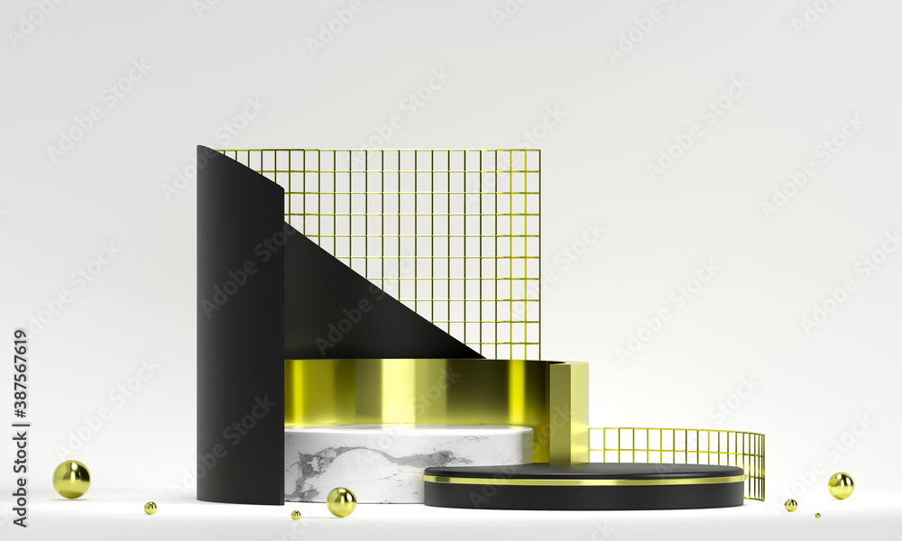 Poster 3d rendering white podium geometry with gold elements. empty showcase, marble pedestal platform disp