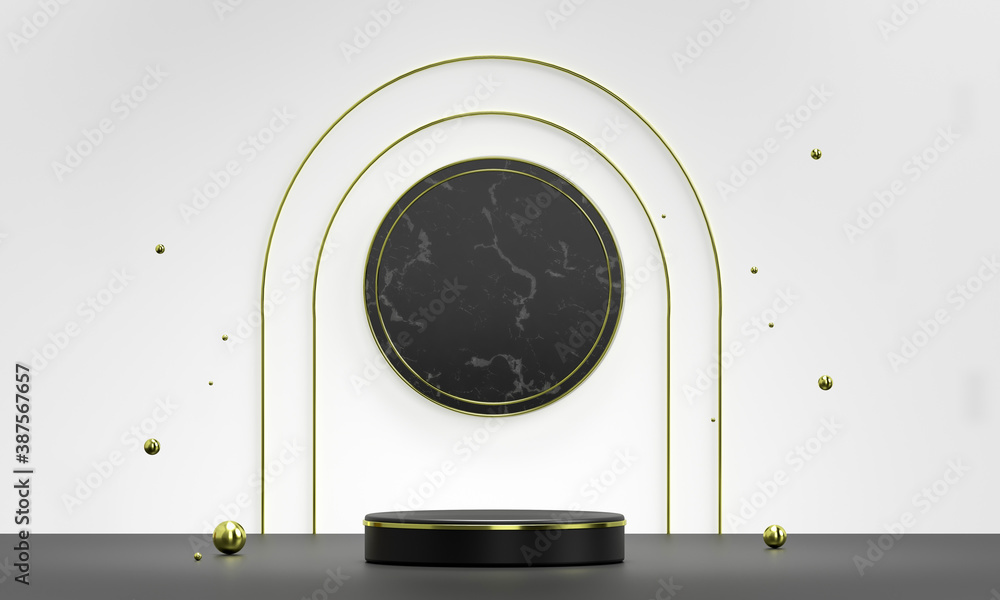 Poster 3d rendering white podium geometry with gold elements. empty showcase, marble pedestal platform disp