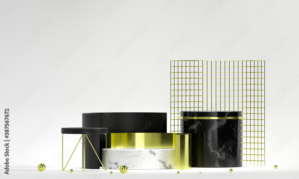 Poster 3d rendering white podium geometry with gold elements. empty showcase, marble pedestal platform disp