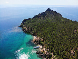 Beautiful view of Cape Kolokolny near the Sandy Bay. Lake Baikal on a Sunny summer day.