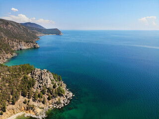 Beautiful view of the bays of lake Baikal on a Sunny summer day. Aerial view