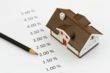 Interest rates printed on white paper with plastic model house
