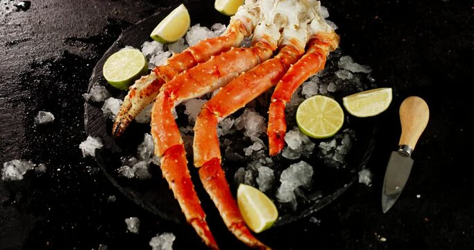 Cooked boiled crab with pieces of lime on the table. 
