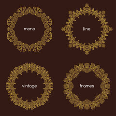 Vector geometric frame in trendy mono line style. Art deco golden monogram design element on dark background.