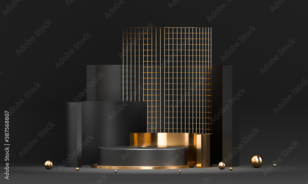 Poster 3d rendering black podium geometry with gold elements. empty showcase, marble pedestal platform disp