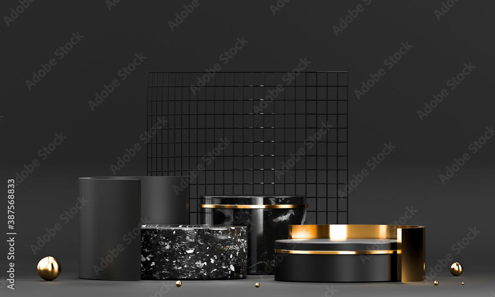 Poster 3d rendering black podium geometry with gold elements. empty showcase, marble pedestal platform disp