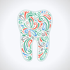 Dental design, tooth made up from pattern. Doodles. Vector illustration. Colorful abstract icon. Blue, red, turquoise and grey colors.