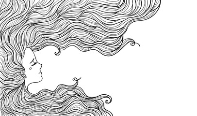 Woman with beautiful hair. Vector illustration. Lady profile silhouette, line art for cosmetics, beauty, health and spa. © kotoffei