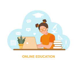 Girl studies at home with laptop and books. Online education concept. Back to school. Vector illustration.