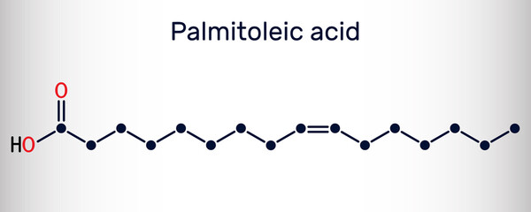 Palmitoleic acid, palmitoleate molecule. It is an omega-7 monounsaturated fatty acid. Skeletal chemical formula
