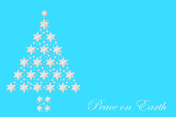 Naklejka na ściany i meble Christmas tree silver star composition with Peace on Earth phrase on pastel blue background. Festive design concept for the holiday season.
