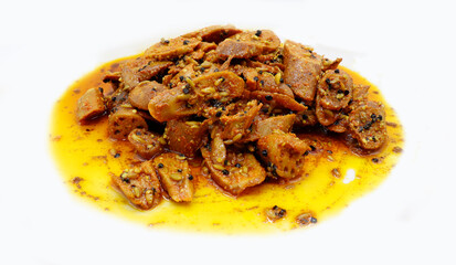 Homemade Lotus Stem Pickle / or Kamal kakadi ka achar on white background. selective focus