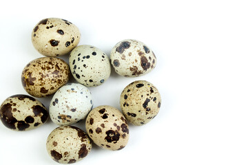 Eggs quail isolated on white background. Copy space for text. Top view