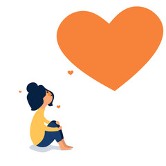 Young woman hugs herself with love and care. Girl smiling and look at floating heart. Self care and body positive concept. flat vector illustration	