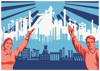 Old Soviet Work and Industrial Propaganda Posters Style Illustration, Industrial Background, Workers
