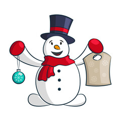 Cheerful cute snowman holding a Christmas ball and a package with gifts. Cartoon character. Vector flat graphic hand drawn illustration. The isolated object on a white background. Isolate.