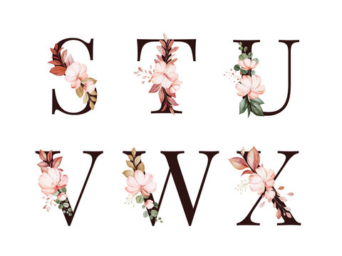 Watercolor floral alphabet set of S; T; U; V; W; X with red and brown flowers and leaves. Flowers composition for logo, cards, branding, etc.